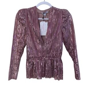 Sabina Musayev Saint Top Sequin Rose Pink Peplum Long Sleeves V Neck Small NWT
